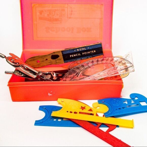 Vintage School Pencil Box Filled w/Graphing Tools & McDonald’s Stencils - Picture 9 of 11